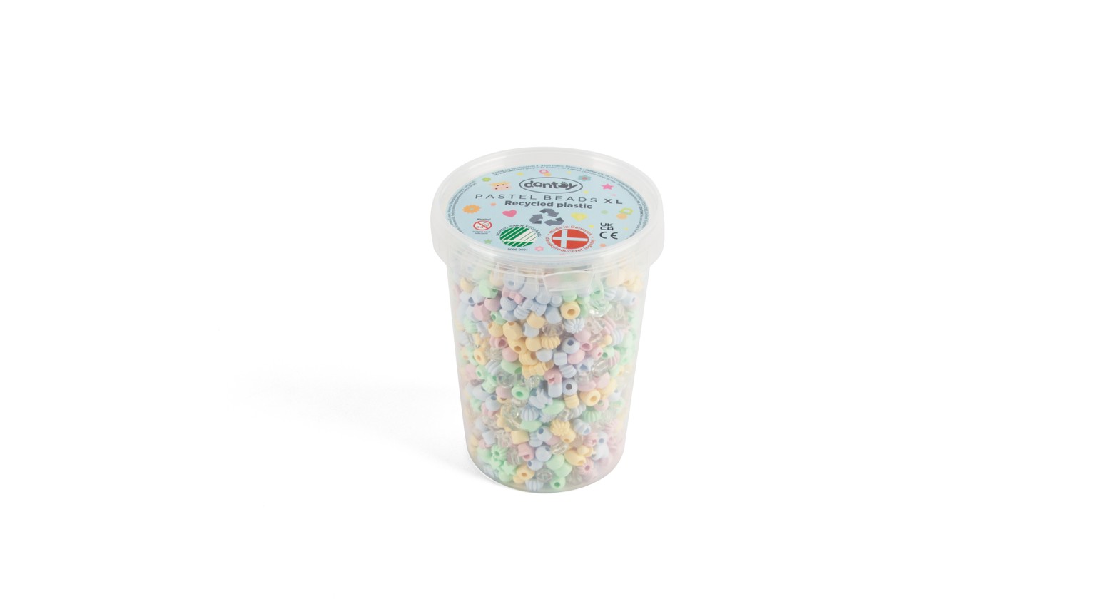 Gennemsigtig bøtte fyldt med pastellfarvede perler i forskellige størrelser.